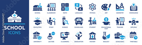 School icon set. Containing classroom, students and teacher icons. Education and knowledge symbol. Solid icons vector collection. photo