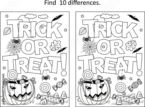 Halloween "Trick or treat!" find the differences picture puzzle and coloring page
