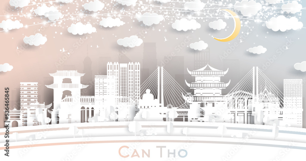 Can Tho Vietnam City Skyline in Paper Cut Style with White Buildings, Moon and Neon Garland.