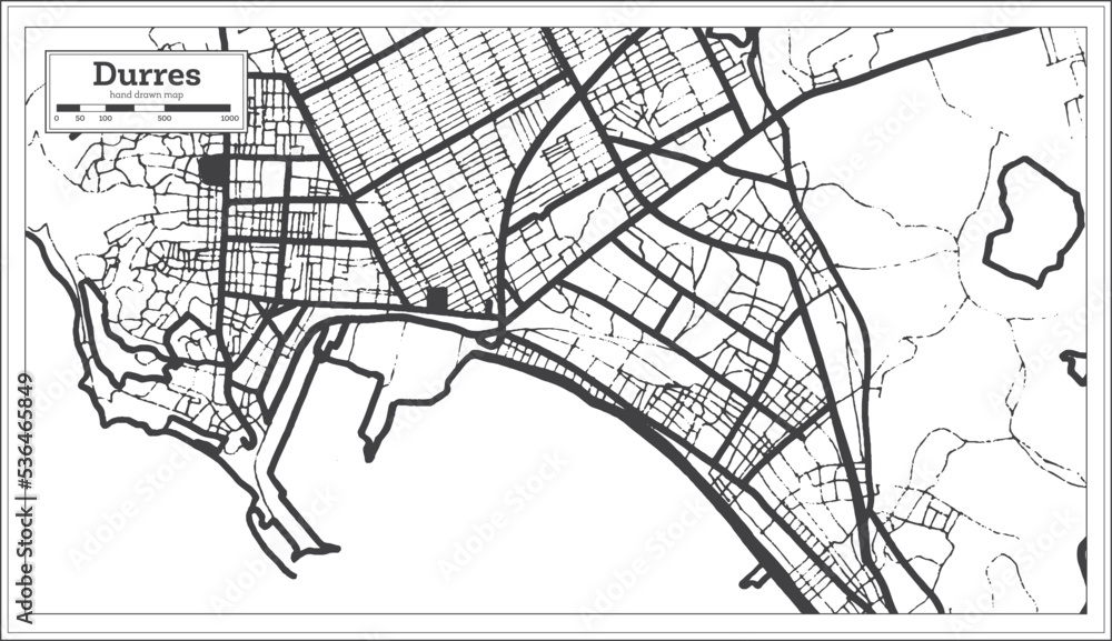 Naklejka premium Durres Albania City Map in Black and White Color in Retro Style Isolated on White.