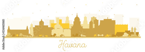 Havana Cuba City Skyline Silhouette with Golden Buildings Isolated on White.
