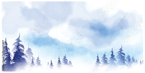 watercolour landscape mountain and pine background for art print and design © pageh