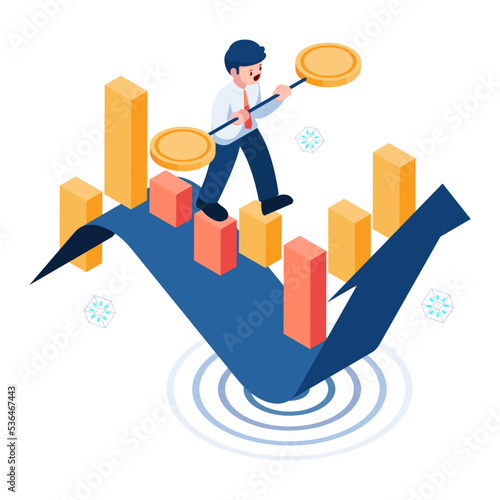 Isometric Businessman Balancing on Financial Candlestick Chart
