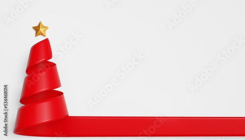 3D rendering red ribbon in spiral Christmas tree shape on white background.