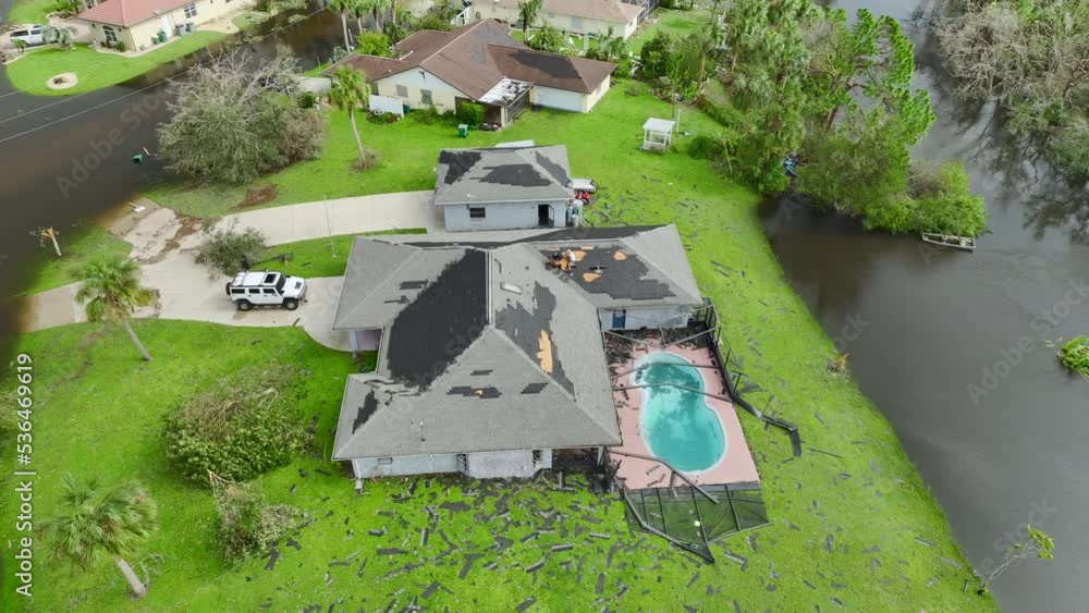 Severely damaged houses after hurricane Ian in Florida mobile home residential area. Consequences of natural disaster Severely damaged houses after hurricane Ian in Florida mobile home residential area. Consequences of natural disaster