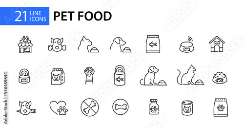 21 pet food icons. Cats and dogs eating, bowls, vegetarian diet, supply store etc. Pixel perfect, editable stroke line