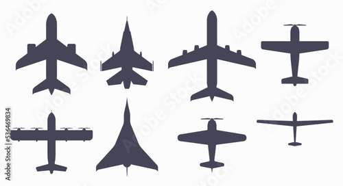 Eight aircraft of different types airplane silhouette. Passenger and military. Jet and propeller. Aircraft top view icon. Flat vector illustration isolated on white background.
