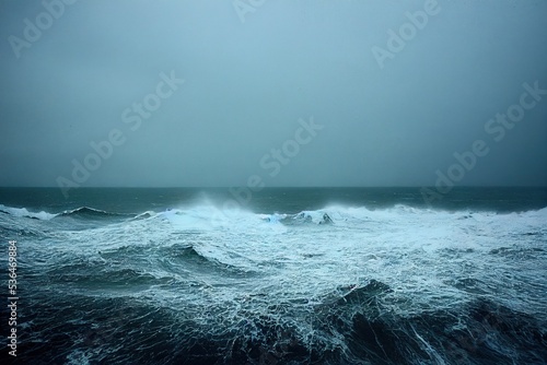 sea wave during storm in the ocean with big clouds and rain.