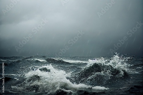 sea wave during storm in the ocean with big clouds and rain.