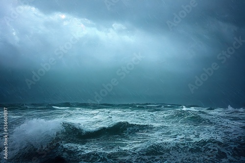 sea wave during storm in the ocean with big clouds and rain.