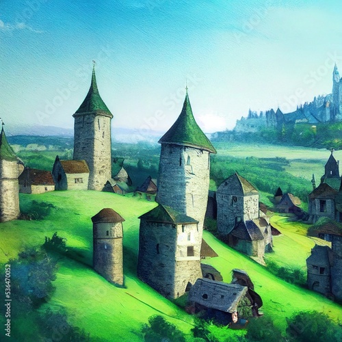 castle on a hill in a village landscape illustration old village years ago colourfull drawing photo