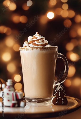 hot chocolate thanksgiving food photography photo with christmas lights and cookies and snowflakes.