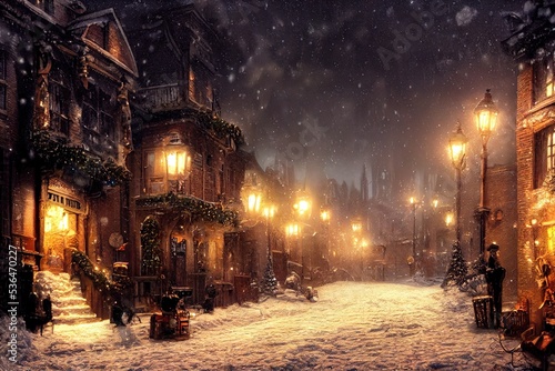 Snowy street with Christmas trees and lights. © Youk