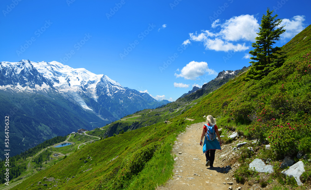 Turist on mountain trail in the Nature Reserve Aiguilles Rouges, Graian Alps, France, Europe.