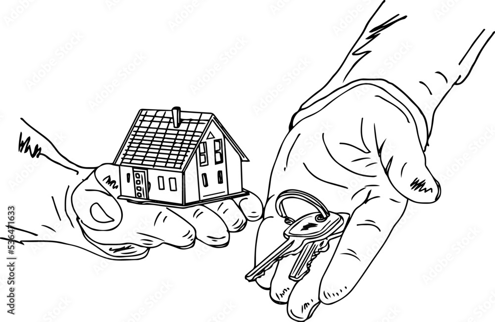 Realestate logo, sketch drawing of Hand holding tiny house and key ...