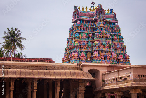 View of the one of the towers of Jambukeswarar Temple, Thiruvanaikaval which represent element of water. Focus set on temple tower. photo