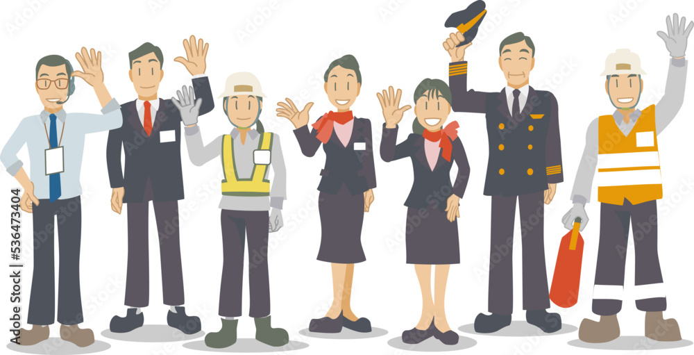 お客様に手を振る空港で働く人々 お客様に手を振る空港で働く人々