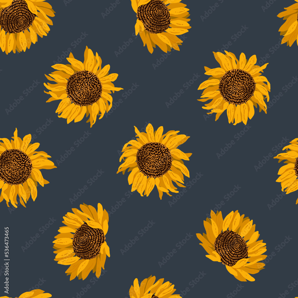 Floral seamless pattern. Yellow blooming sunflowers on a dark background. Modern vector illustration. Floral seamless pattern. Yellow blooming sunflowers on a dark background. Modern vector illustration.