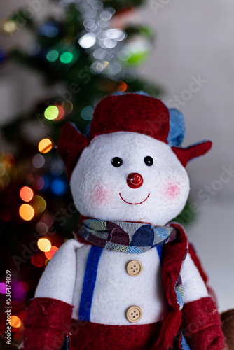 portrait of stuffed snowman with christmas lights