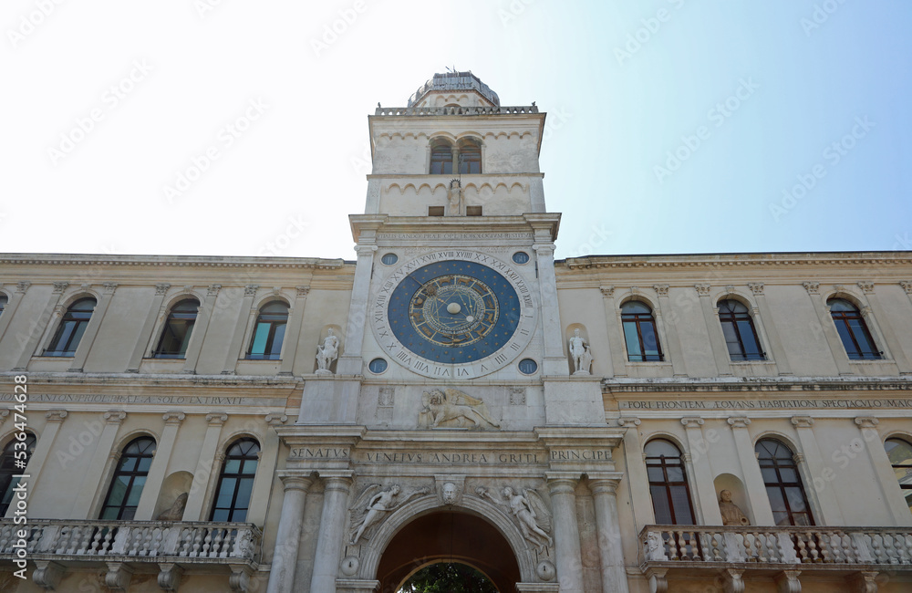 Padua, PD, Italy - May June 15, 2022: Ancient Palace and the tower with and astronomical clock