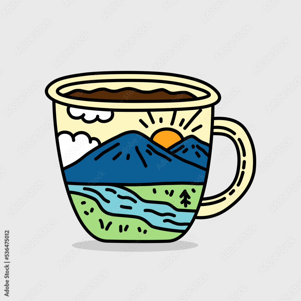 Mug with illustration and wave. Mountain scenery mug. Mug with illustration and wave. Mountain scenery mug.