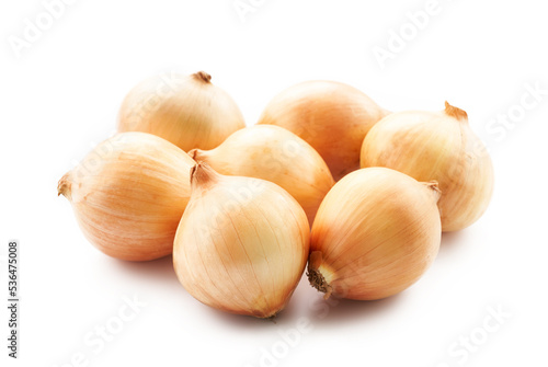 group of fresh yellow onion isolated on white food background                                                                                                      
