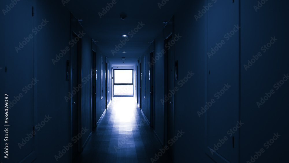 Corridor (path,corridor) in a hotel room in perspective A window in the hallway. The light at the end of the tunnel.