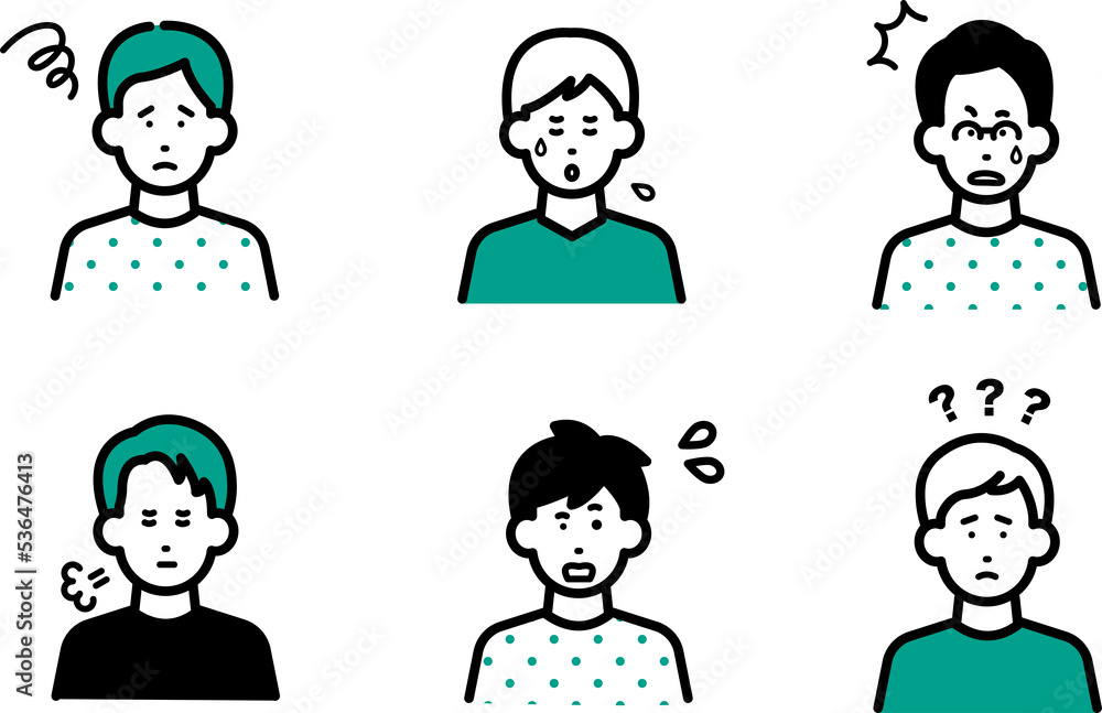 ネガティブな表情の男性のアバターイラストセット