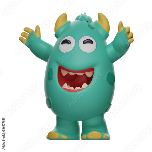 3D illustration. Cartoon Cute Monster 3D Character has lots of laughs. arms wide open. with an adorable face. 3D Cartoon Character