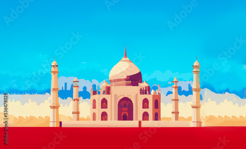 Taj Mahal in Agra, India. Flat cartoon style illustration. Concept art painting. Landscape watercolor. digital illustration
