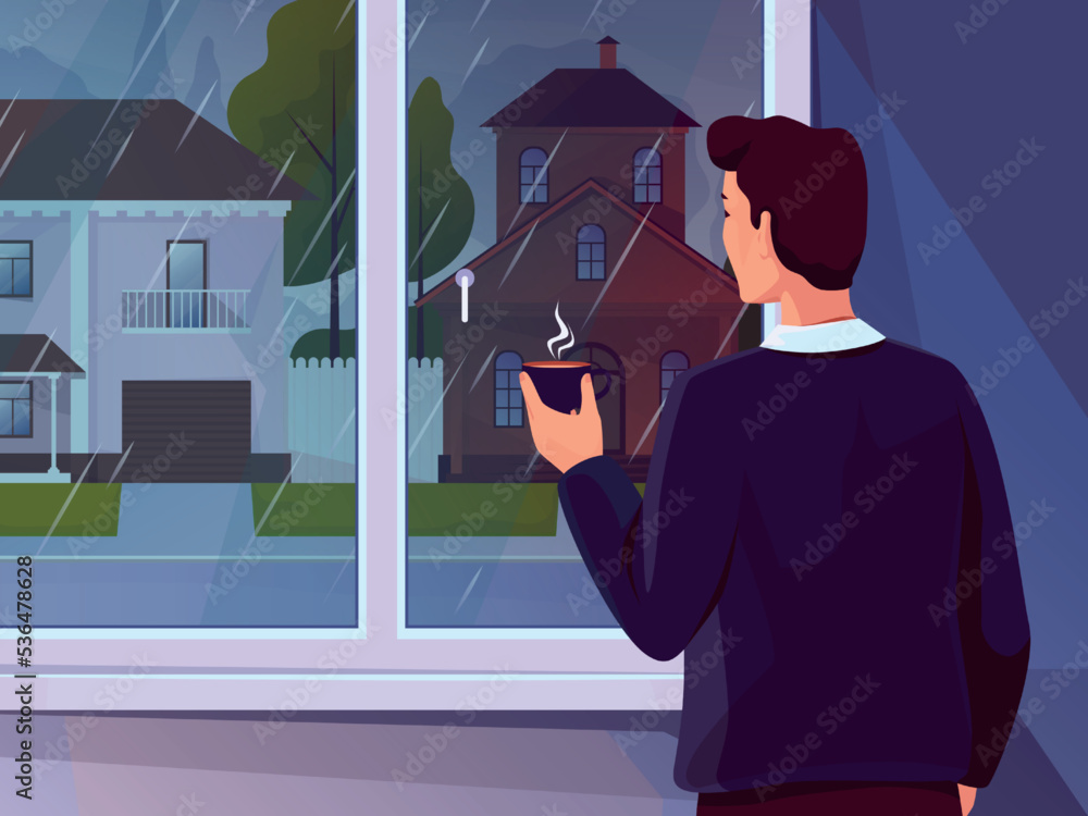 Rain weather. Man looking out window and drinking hot beverage. Puddles on suburban street. Nature landscape. Person watching on city road. Outside houses. Vector illustration background
