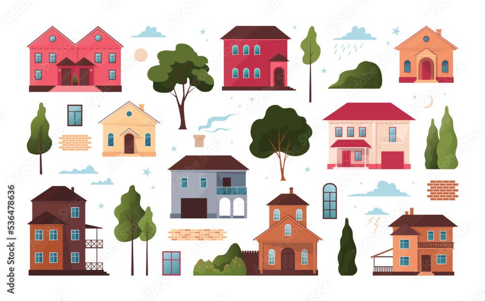 Cute small city town house set. Village buildings, doodle neighbourhood, tiny trees, doors, windows and roofs. Countryside home. Cottages landscape. Vector cartoon flat collection