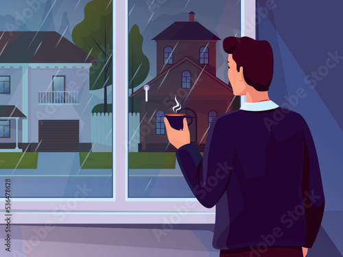 Rain weather. Man looking out window and drinking hot beverage. Puddles on suburban street. Nature landscape. Person watching on city road. Outside houses. Vector illustration background