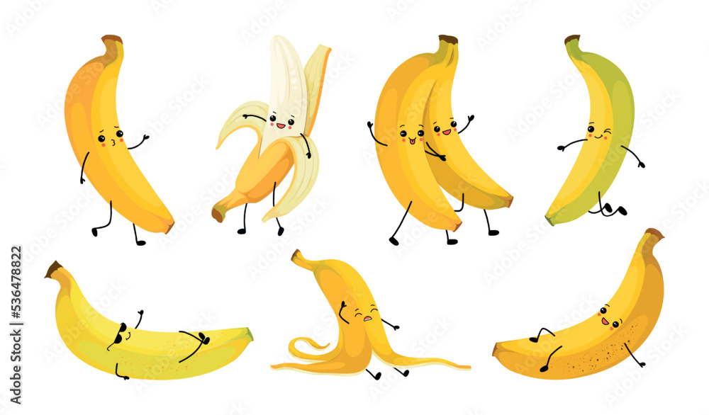Cute banana characters, smile face. Happy kid emoji with eye hand and legs, children action, delicious fruits sticker. Tropical vegetarian snack mascot, vector cartoon illustration