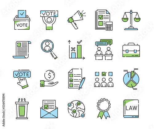 Government and vote icons. Political election campaign. Voters debate. Public ballot box. Poll diagram symbols. Senate building. Calendar and microphone. Vector democracy line logo set
