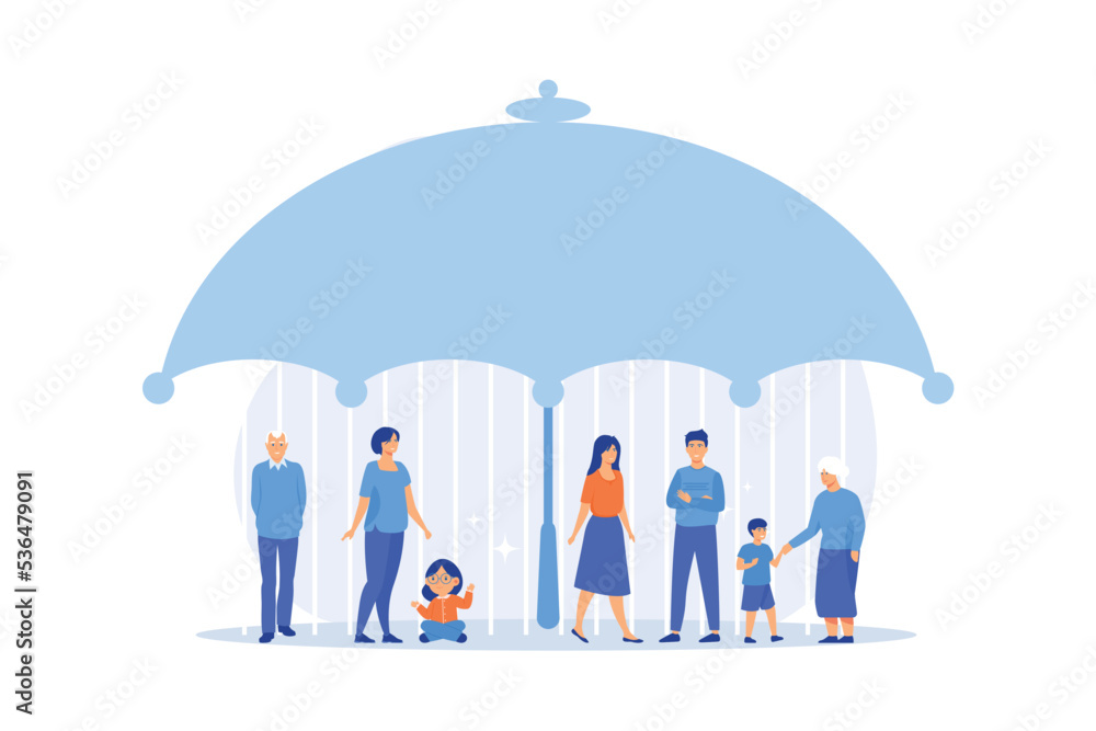 Individuals under umbrella protection against economic hazards. Social insurance, economic hazards risk, social security number concept. flat vector modern illustration