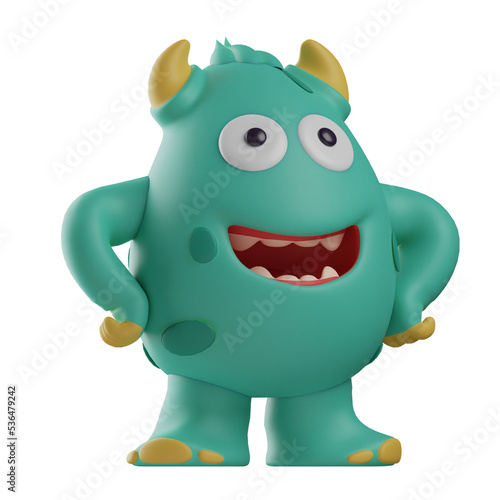 3D illustration. 3D Cute Monster design with hands on his waist. grin showing teeth. and stylized cute poses. 3D Cartoon Character
