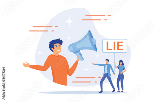 Businessman with huge megaphone cheating and tiny people holding word lie. Cheating in competition, cheater person, game cheats use concept. flat vector modern illustration