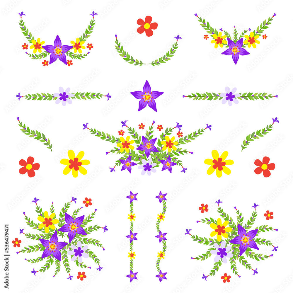 Isolated purple and yellow flowers wreath with branch and leaves. Vector bouquet and decorative object. Blooming floral material for graphic design.