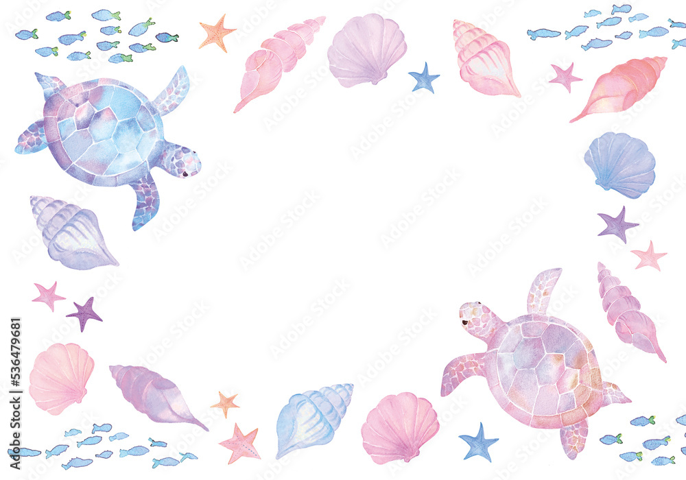 パステルカラーのウミガメとイルカの水彩画フレーム