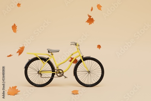 autumn bike rides. a bicycle around which leaves scatter across a pastel background. 3D render