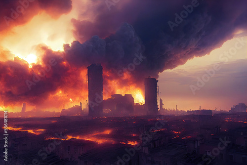 City after nuclear attack. Aftermath of an explosion. War, destruction, apocalypse