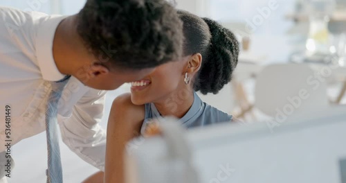 Business people, kiss or office love affair in corporate marketing startup, company or workplace. Black man, woman or work couple in secret, romantic or passionate sensual relationship with manager