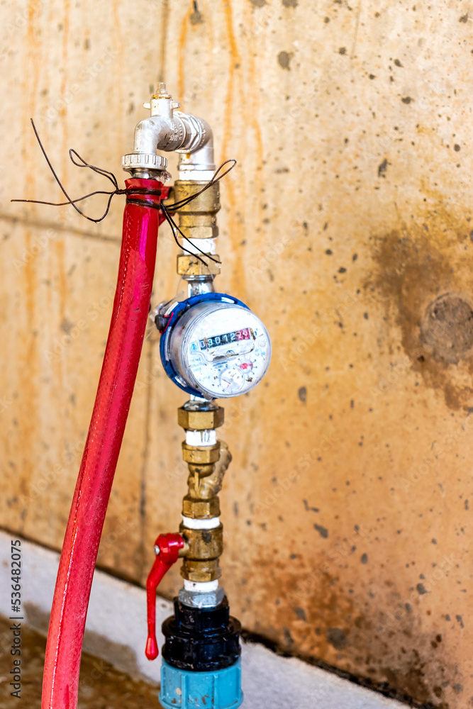 Water meter at a construction site. Provision and accounting of water