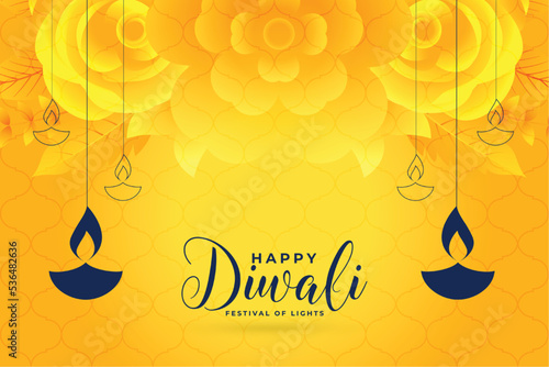 elegant happy diwali template with hanging lamps in floral background