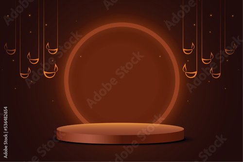 happy deepavali banner wiith 3d podium in brown background