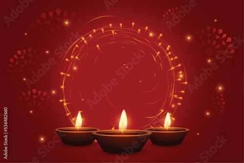 shinny shubh diwali template with glowing diya in red background