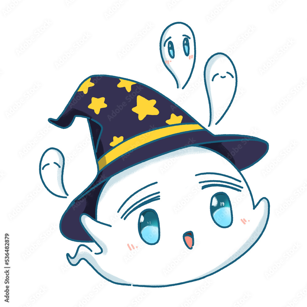 Cute ghost spirit character wearing witch hat with little spirit . Cute ghost spirit character wearing witch hat with little spirit .