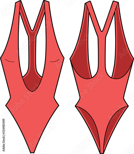 Women Deep front Leotard with bra active wear design flat sketch fashion Illustration, Bodysuit swimsuit suitable for girls and Ladies . Bodycon Swimwear active clothing.