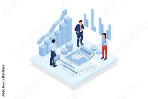 Small business finance management. Calculate expenses, hire an accountant and tax consultant, money managementisometric vector modern illustration